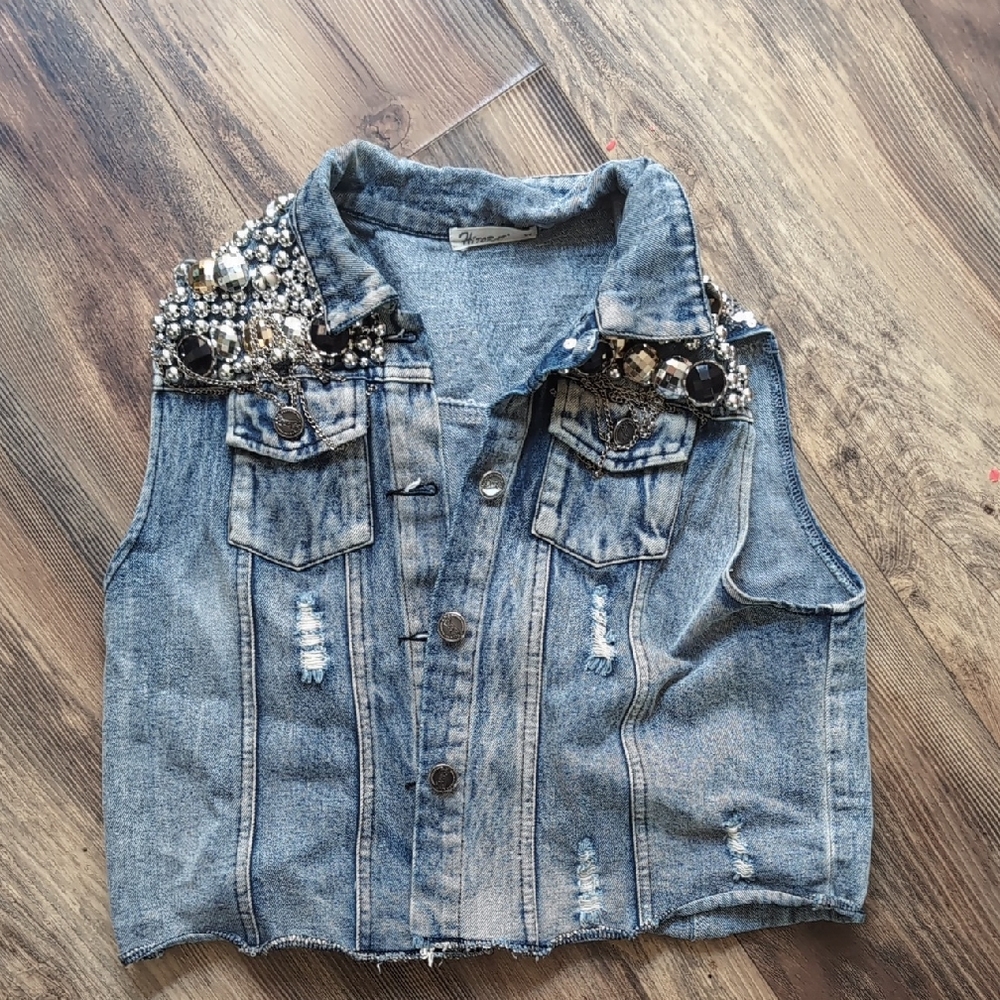 Embellished Cropped Denim Vest